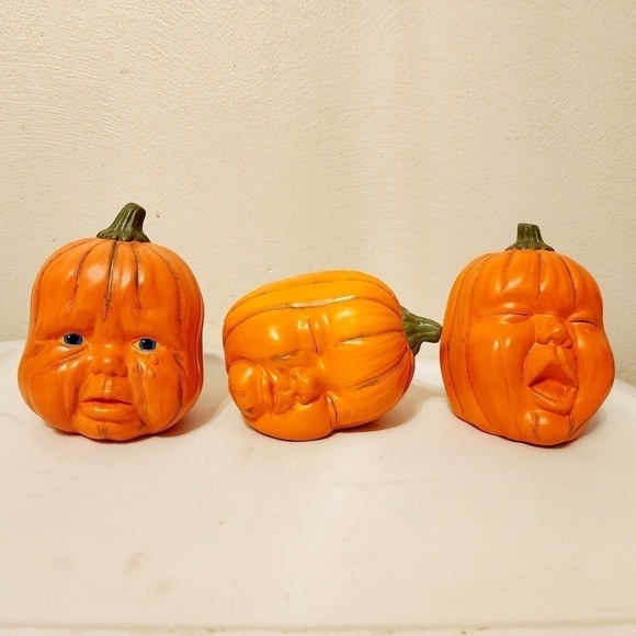 Vintage 1988 Halloween Hand Painted Ceramic Baby Face Pumpkins Set of 3 Decor - Picture 1 of 10
